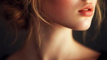 Close-up of a woman's lips and neck in soft light against a dark background photo