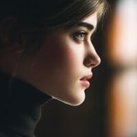 Close-up profile of a young woman with soft lighting indoors photo