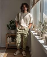 Young man poses casually by a large window in a bright indoor space photo