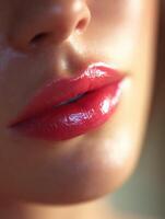 Close-up view of glossy lips highlighting makeup artistry in a natural setting photo