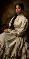 Elegant woman in vintage dress seated in a classical setting with warm lighting photo
