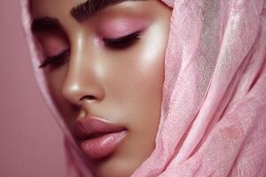 Close-up of a woman in a pink hijab with soft makeup and glowing skin photo