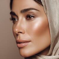 Woman with glowing skin and a headscarf poses against a neutral background photo
