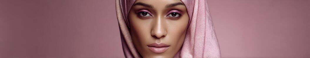 Elegant portrait of a woman in a soft pink headscarf with subtle makeup photo