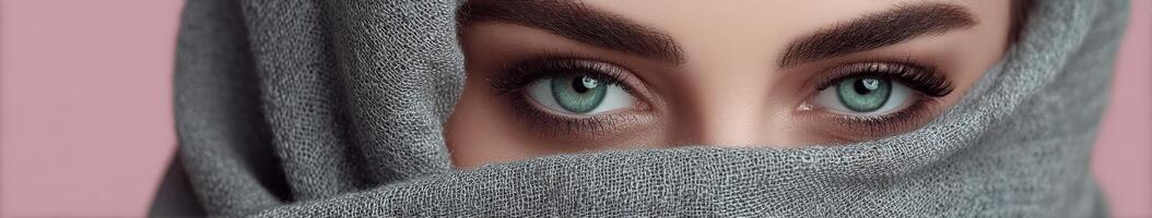 Close-up of striking eyes behind a grey scarf in soft lighting photo