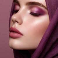 Model showcases stunning makeup with a purple hijab in a close-up portrait photo