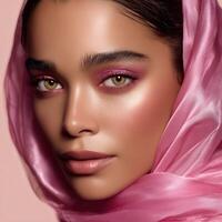 Stunning close-up of a model showcasing vibrant makeup and a pink scarf photo