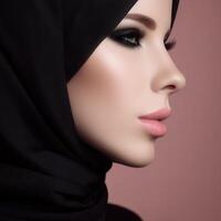 Elegant woman in hijab showcasing beauty and grace in soft lighting photo
