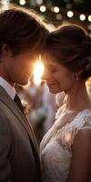 Couple sharing a romantic moment during sunset at an outdoor wedding photo