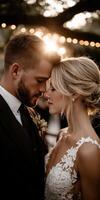 Couple embraces tenderly during sunset at an outdoor wedding ceremony photo