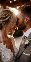 Couple sharing an intimate moment during their wedding ceremony at sunset photo