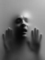 Person pressing hands against fogged glass with an emotional expression photo