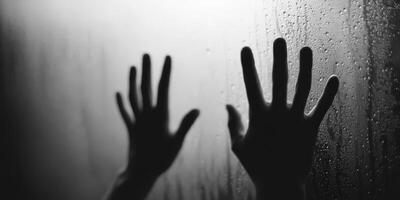 Shadows of hands pressed against a foggy glass in dim light photo