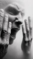 Person expressing emotion behind a foggy surface in a somber atmosphere photo