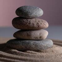 Stacked pebbles create a serene visual on a sandy surface with soft lighting photo