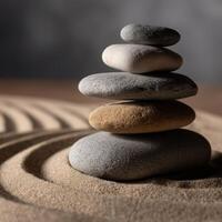 Balancing stones in a serene sand circle creating a calming atmosphere photo