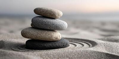 Tranquil stack of stones on smooth sand at sunset photo