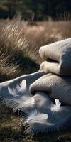 Soft blankets with delicate feathers in a tranquil outdoor setting photo