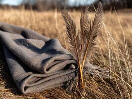 A blanket and a feather laying on top of a field photo