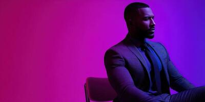 Confident man in formal attire seated against vibrant colored background photo