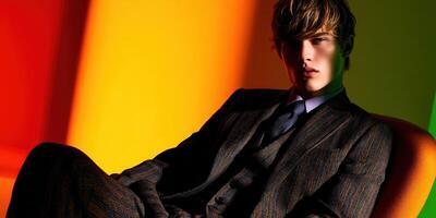 Model poses in stylish suit against colorful background in a studio setting photo