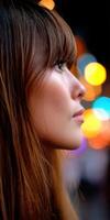 Woman gazing thoughtfully in a vibrant city at night photo