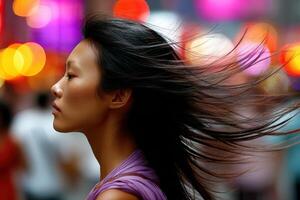 Woman with flowing hair walks through a vibrant city at night photo