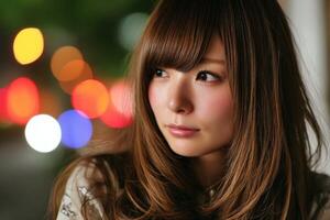 Portrait of a young woman with long hair in an urban night setting photo