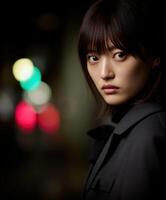 Portrait of a woman with intense gaze in urban night setting photo