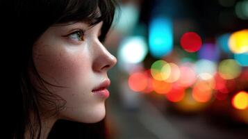 Young woman gazing thoughtfully at city lights during nighttime photo