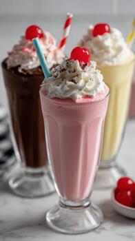 Three different milkshakes with toppings in glasses photo