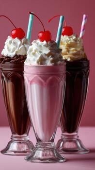 Three delicious milkshakes displayed on a pink background with toppings photo