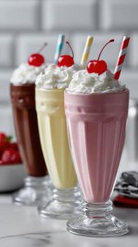 Delicious milkshakes topped with whipped cream and cherries in a diner setting photo