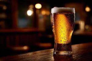 Enjoying a Cold Beer at a Cozy Bar in the Evening photo
