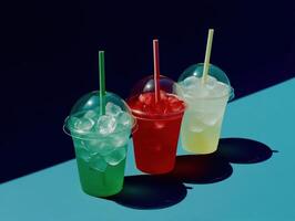 Refreshing summer beverages served in colorful cups at a sunny location photo