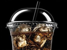 Refreshing dark beverage with ice served in clear cup photo
