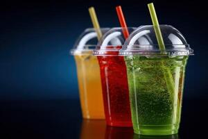 Colorful soft drinks in transparent cups with straws on dark background photo