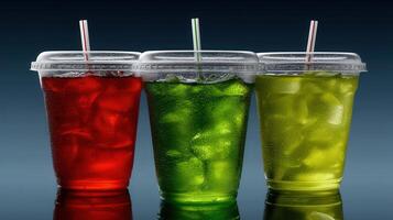 Refreshing drinks in vibrant colors served in transparent cups with ice photo