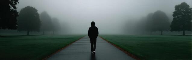 Person walks alone on a foggy path in a tranquil park setting photo