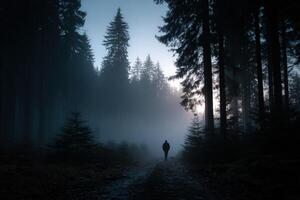 Person walking through misty forest at dawn during early morning hours photo