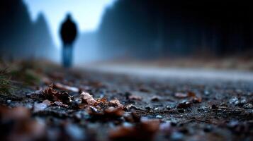 Mysterious figure walking down a foggy forest path during autumn photo