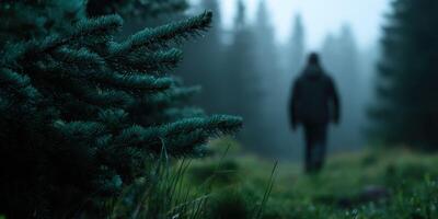 A person walking through a forest with trees and fog photo