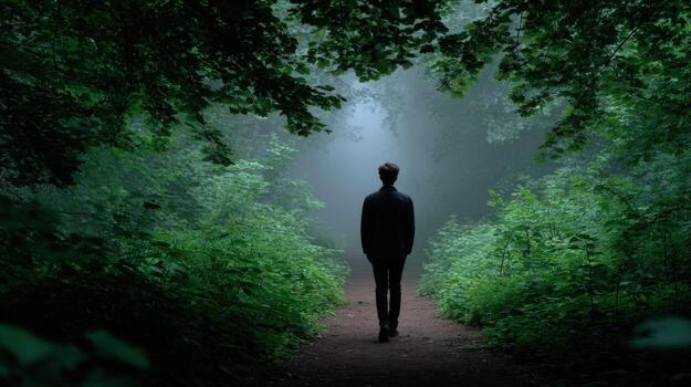 Walking through a misty forest path surrounded by greenery and tranquility photo