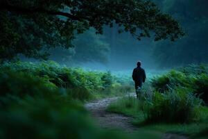 Quiet evening walk through a misty forest filled with ferns photo