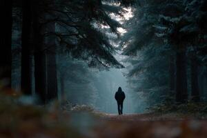 Person walking through misty forest path on an autumn day photo