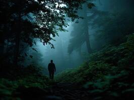 Walking through a misty forest pathway during early morning hours photo