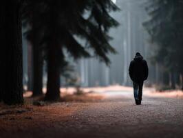 Solitary figure walking through a misty forest path at dawn photo