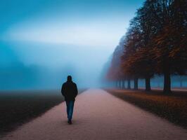 Lonely walk through a foggy park during early morning hours photo