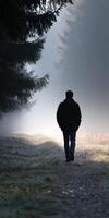 Man walks alone on a foggy path through a serene forest early in the morning photo