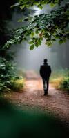 Man walking alone on a path through a misty forest in early morning photo